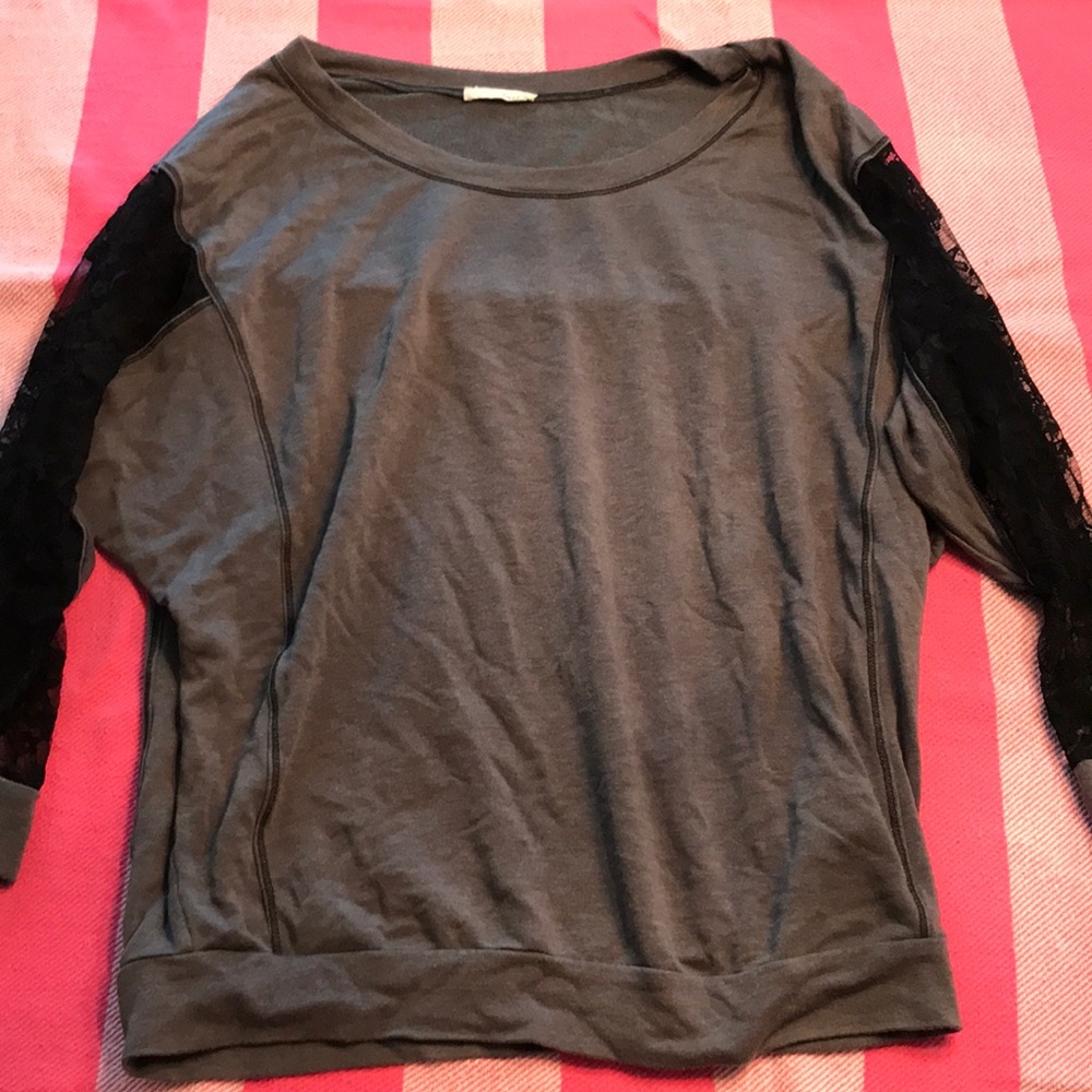 Lush Gray Sweater with Black Lace Sleeves